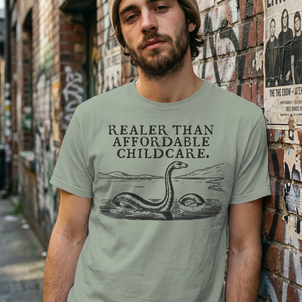 T-shirt with Loch Ness Monster graphic and text "REALER THAN AFFORDABLE CHILDCARE."