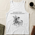 White tank top with "Realer Than Affordable Housing" text and fairy illustration.