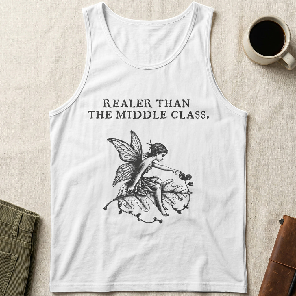 White tank top with "Realer Than The Middle Class" and fairy illustration.