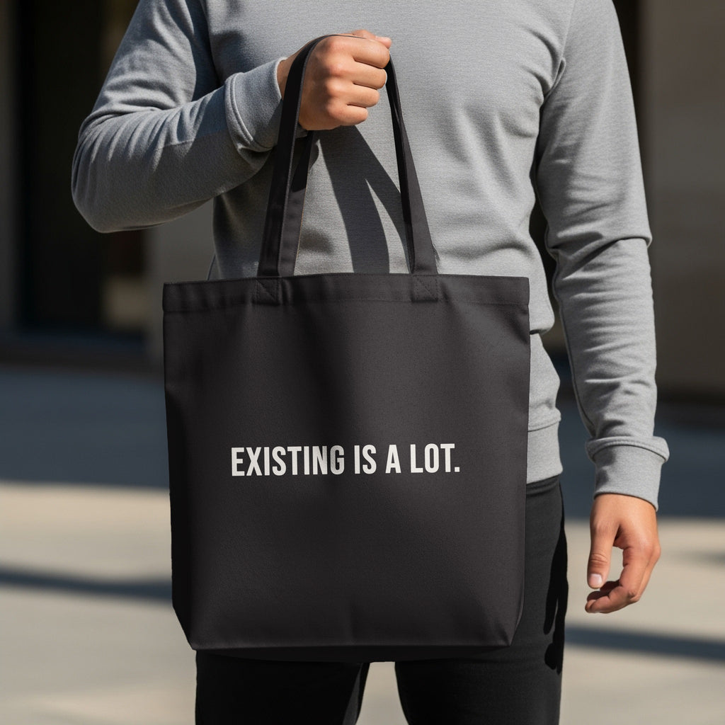 Black Existing Is A Lot Message Tote Bag product type
Tote Bag, Black Tote, Quote Tote, Message Bag, Saying Bag, Existing Is A Lot, Funny Tote, Sarcastic Bag, Daily Bag, Reusable Bag, Shopping Bag, Shoulder Bag, Gift Idea, Statement Tote, Graphic Print, Text Bag, Everyday Carry, Unisex Tote, Unique Design, Minimalist Tote