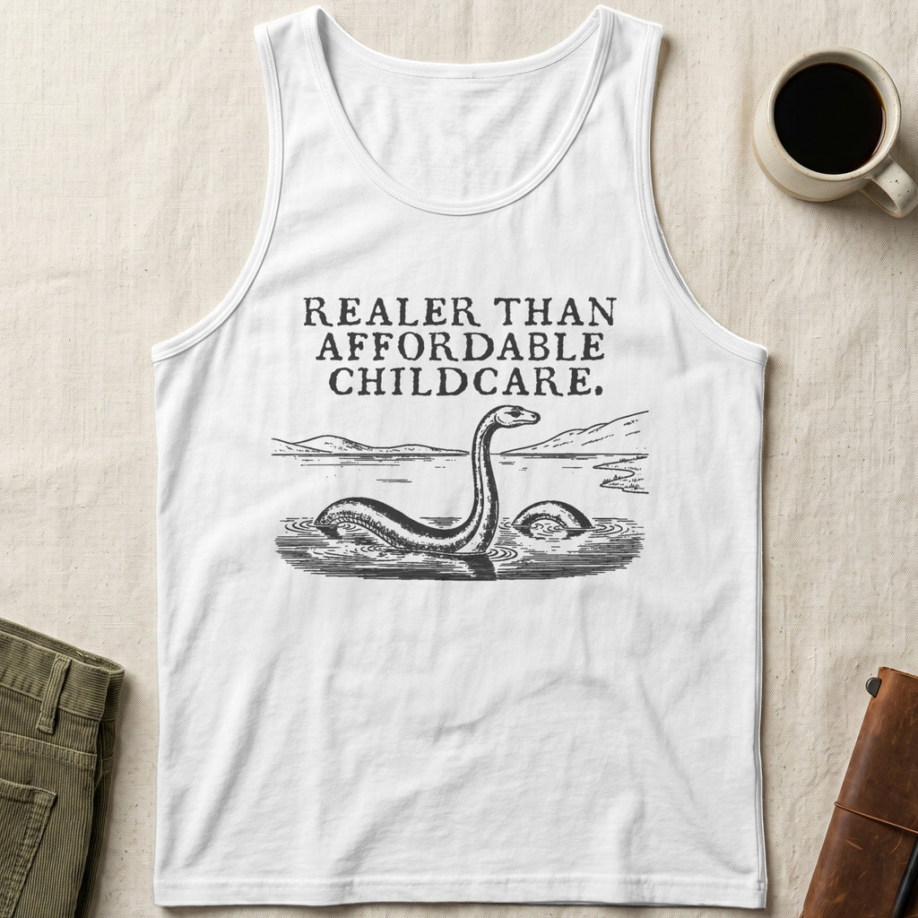 White tank top with Nessie in water and text "Realer Than Affordable Childcare."