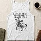 White tank top with "Real health care is too expensive" text and fairy graphic.