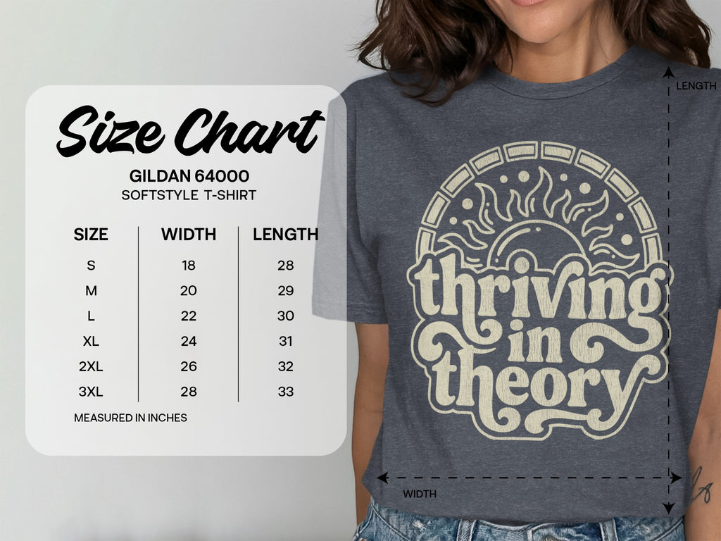 Thriving in theory sun design Gildan 64000 T-Shirt product type
Gildan 64000, Softstyle T-Shirt, Thriving in theory, Graphic Tee, Unisex T-Shirt, Sun design shirt, Crewneck shirt, Short sleeve top, Inspirational tee, Positive message, Fashion apparel, Casual wear, Modern design, Quote T-Shirt, Gildan brand, Tee shirt, Everyday wear, Comfortable shirt, Unique design, Thriving shirt