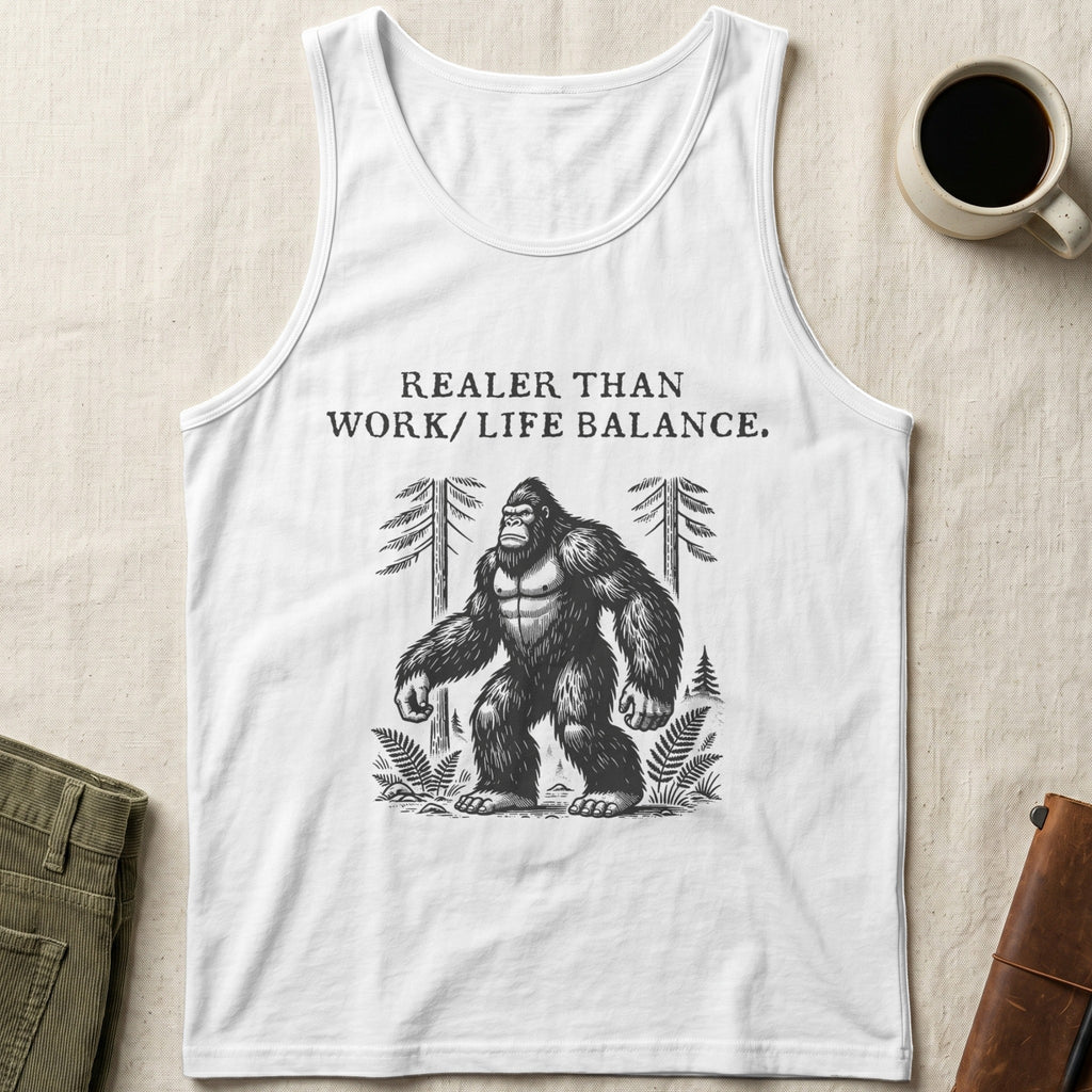White tank top with Bigfoot illustration and "Real than work/life balance" text.
