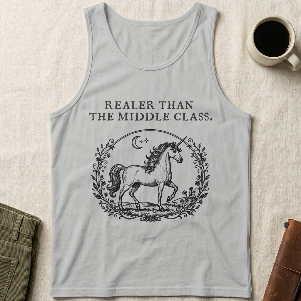Grey tank top with a unicorn and text "Realer Than the Middle Class."