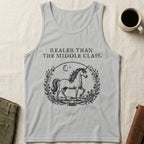 Grey tank top with a unicorn and text "Realer Than the Middle Class."