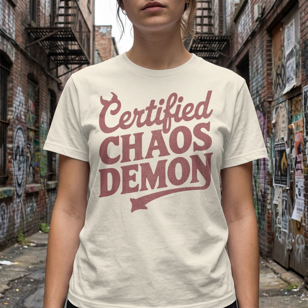 Cream t-shirt with "Certified Chaos Demon" text in maroon.