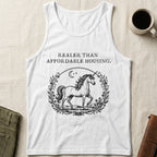 White tank top with unicorn illustration and text "Realer Than Affordable Housing."