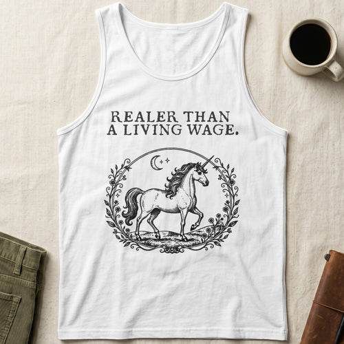 White tank top with unicorn graphic and text "Real er Than A Living Wage."