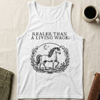 White tank top with unicorn graphic and text "Real er Than A Living Wage."