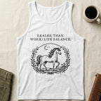 White tank top with a unicorn graphic and the text "RealER THAN WORK/LIFE BALANCE."