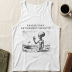 White tank top with alien near crater, text "Realier Than Retirement Security."