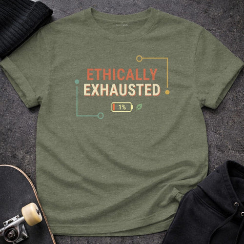 Printify t-shirt S / Heather Military Green Ethically Exhausted T-Shirt